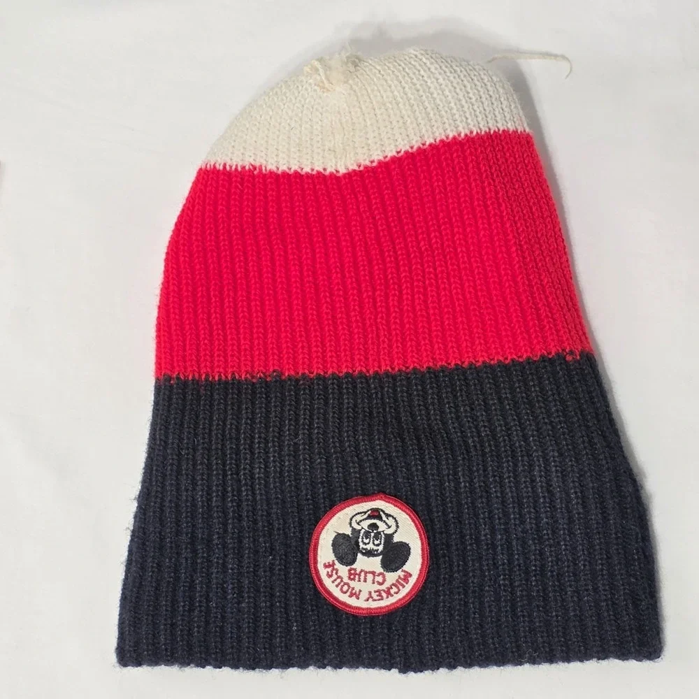 Disney Mickey Mouse Club Unisex Knit Beanie Pom Hat Red Black White Vintage